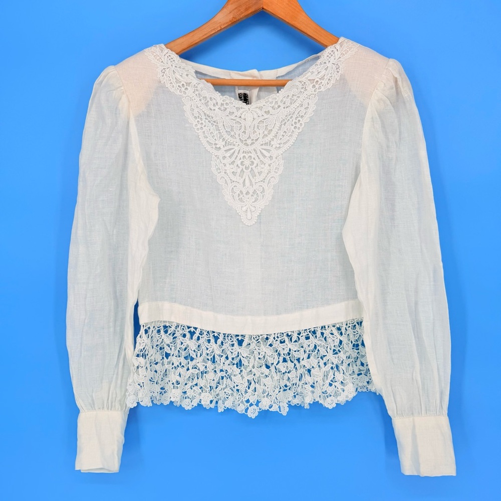 Vintage Cloak of Many Colors White Linen Lace Blouse Cottagecore Victorian Top 4 - Picture 2 of 13